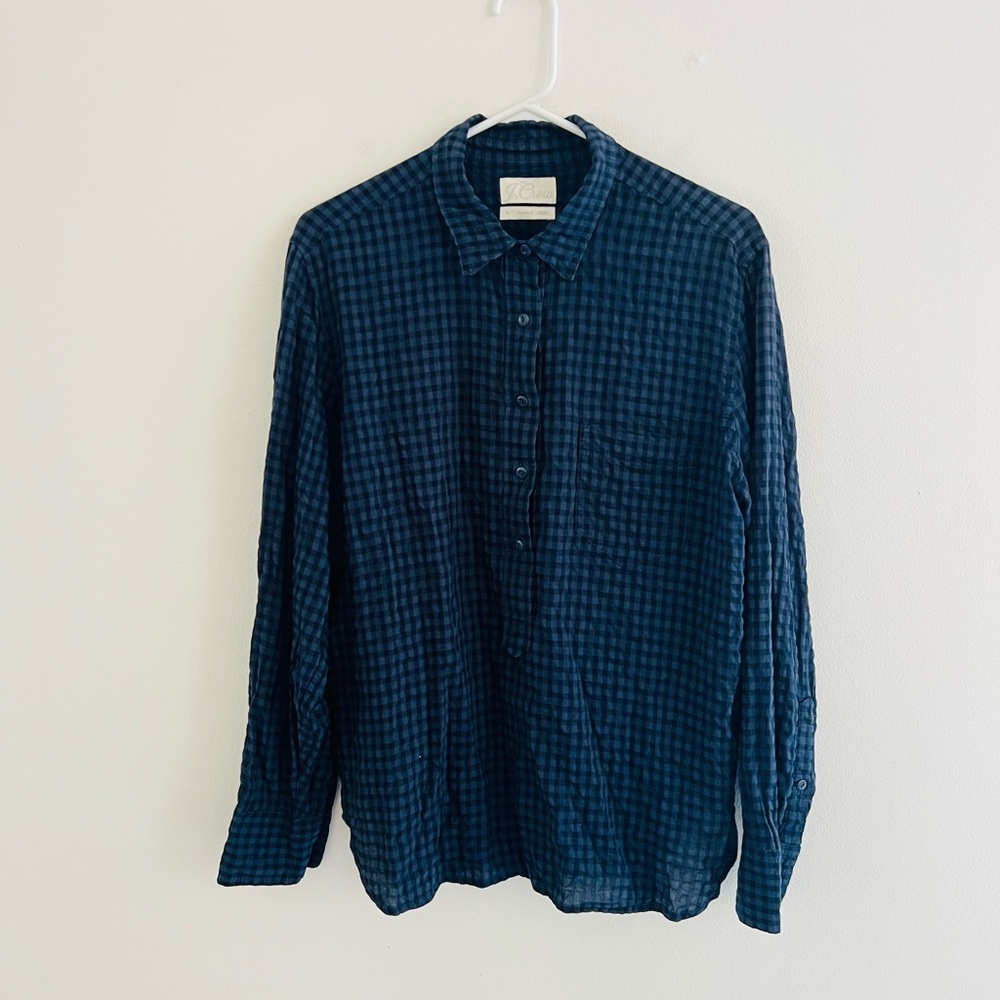 J. Crew Blue Gingham Button Front Long Sleeve Tunic 12 - Picture 2 of 7